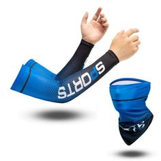 the arm sleeves are blue and have white letters on them, with one hand in the air