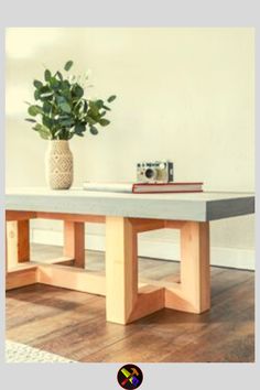 a table with some books and a potted plant on it in front of a white wall