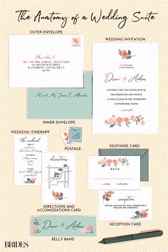 the wedding stationery is shown with flowers on it