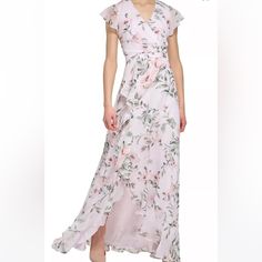 Romance Abounds In This Flowing Ruffled-Hem Floral-Print Maxi Dress From Calvin Klein. Ruffled Hem Flutter Sleeves Zipper Closure At Back Imported V-Neck Maxi Dress Collection, Floral Print Chiffon, Ladies Gown, Maxi Dress Online, Long Dress Casual, Floral Print Maxi Dress, Eliza J, Flutter Sleeve Dress, Chiffon Maxi Dress