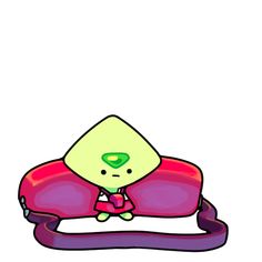 a cartoon character sitting on top of a red object with a purple strap around it's neck