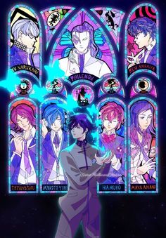 some anime characters standing in front of a stained glass window with blue light coming from it