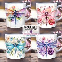 four mugs with dragonfly designs on them and flowers in the middle one is blue, pink, purple, and green