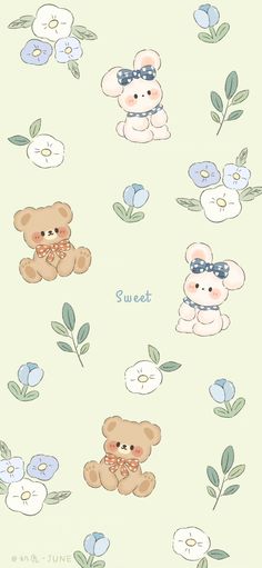 a wallpaper with teddy bears and flowers on the side, in pastel colors