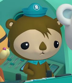 an animated bear is standing next to a teddy bear with headphones on and talking