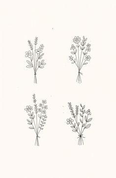 four different types of flowers are shown in black and white on a sheet of paper