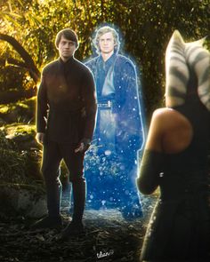 two people are standing in the woods with one person wearing a star wars costume and another is looking at them