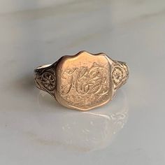 A 9 carat gold signet ring with "HF" engraved on the face.  CONDITION: Wear consistent with age and use. Please see photos for more detail. ASSAYED IN BIRMINGHAM 1938, HALLMARKED 9 CARAT GOLD BAND WIDTH (NARROWEST): 3mm FACE SIZE: 13mm x 12mm RING SIZE: UK: R | US: 8 1/2 WEIGHT: 3.6 grams (UZZ) Ring With Initials, Art Jewelry Design, Fine Art Jewelry, Gold Signet Ring, Gold Band, Signet Ring, Gold Bands, Birmingham, Class Ring