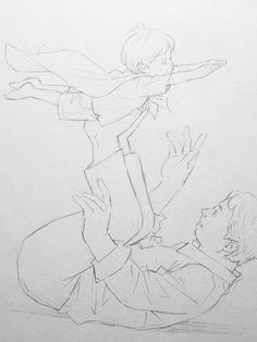 a pencil drawing of a man holding a woman on his back with her arms outstretched