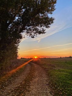 the sun is setting over an open field with a dirt road in front of it