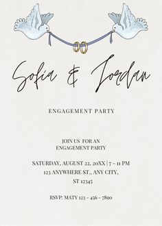 an engagement party card with two doves holding hands and the words, sofia & jordan on it