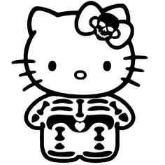 a hello kitty skeleton with a bow on it's head is shown in black and white