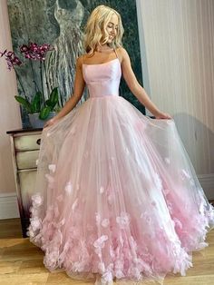 at Hebeos Pink Tulle Evening Dress, 3d Applique, Pink Spaghetti, Prom Dresses Long Pink, Prom Dresses Elegant, Pink Evening Dress, Maxi Dress Wedding Guest, Spaghetti Strap Prom Dress, 파티 드레스