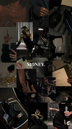 a collage of photos with the words money written on them