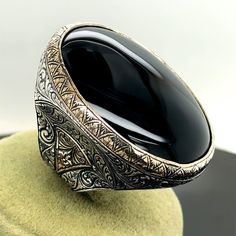 Large Black Onyx Gemstone Ring , Silver Large Ottoman Style Ring , Handmade Onyx Stone Men Vintage Ring, Gift for Father's Day ,925K Silver ★Item Details * Gender : Male / Female * Material : 925K Sterling Silver * Total weight :  38 Grams * Gemstone :  Onyx  Stone * Stone Size : 30x40mm ✔ Ready to Ship in 1-2 Business Days .. ✔ Shipped to the Worldwide 1-5 business days with free shipping... ✔ The product will be sent to you with a handmade wooden box to avoid any damage during shipping... ✔ Vi Handmade Black Signet Ring Collectible, Black Handmade Vintage Engraved Ring, Elegant Handmade Black Engraved Ring, Vintage Black Engraved Handmade Ring, Handmade Vintage Black Engraved Ring, Vintage Black Handmade Engraved Ring, Vintage Handmade Black Engraved Ring, Black Engraved Ring With Intricate Design, Unique Black Engraved Signet Ring