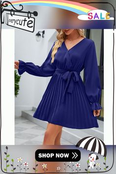 Blue V Neck Long Sleeve Pleated Mini Dress with Belt Blue V-neck Pleated Mini Dress, Blue Long Sleeve Belted Dress, Blue Belted Long Sleeve Dress, Elegant Blue Belted Mini Dress, Blue Pleated V-neck Mini Dress, Blue Pleated Mini Dress For Work, Blue A-line Mini Dress For Fall, Blue Pleated Mini Dress For Date Night, Belt Women