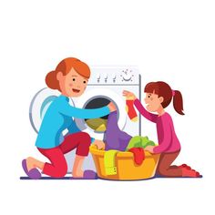 mother and daughter doing laundry in front of the washing machine, colorful cartoon illustration on white background