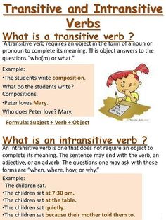 Transitive And Intransitive Verbs, Verbs Tenses, Intransitive Verbs, Verbs Anchor Chart, Elementary Grammar, English Pronouns, Intransitive Verb, Transitive Verb, Literary Essay