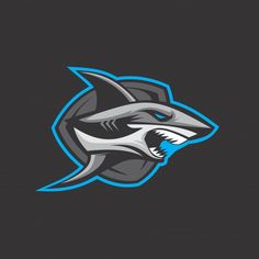 the shark logo on a black background with blue trimmings and an angry face