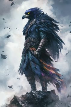 Zyrak Voxfowl stands at an imposing height with sleek, obsidian feathers that cover his tall, muscular frame. His sharp beak is adorned with streaks of crimson, giving him a fierce appearance. His eyes are a piercing yellow, stark against the dark plumage. He wears patched leather armor that blends with his natural coloring, and a tattered cape made from feathers of various colors trails behind hi... Character Showcase, Barbarian Dnd, Leather Armor, Different Art Styles, High Fantasy, Pen And Paper, Fantasy Artwork, Art Clothes, Animal Kingdom