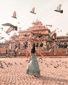 a woman standing in front of a flock of birds flying over her and looking at the ground