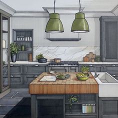 a drawing of a kitchen with an island in the middle and green lights hanging from the ceiling