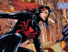 an image of a woman with red hair and black catsuits in the city