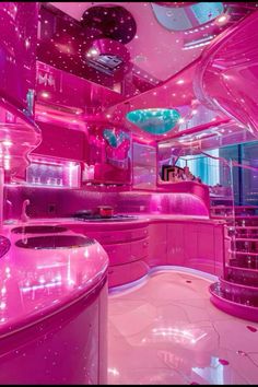 the interior of a futuristic kitchen with pink lighting