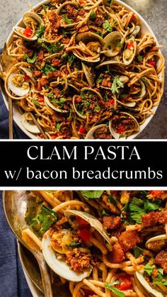 clam pasta with bacon, breadcrumbs and parsley on the side