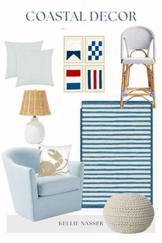 a living room with blue and white decor on the wall, chair, rugs, lamp