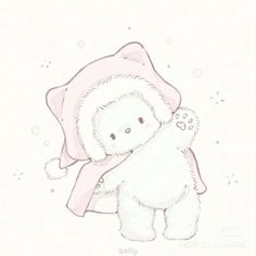 a drawing of a white teddy bear with a pink hat and scarf on it's back