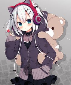 an anime character with headphones and a teddy bear