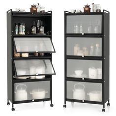 two shelves that have different types of containers on them, one is black and the other is clear