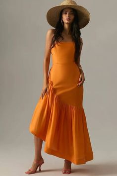 Clothing Wishlist, Orange Fits, Strapless Midi Dress, Mode Vintage, Orange Dress, Anthropologie Dress, Asymmetrical Dress, Anthropologie Dresses, Cocktail Dress Party