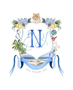 a watercolor drawing of a cat with the letter n in it's center