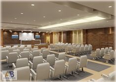 an empty conference room with rows of white chairs in front of a projector screen