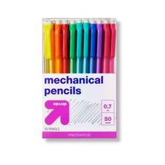 six different colored mechanical pencils on a white background with the words mechanical pencils written in