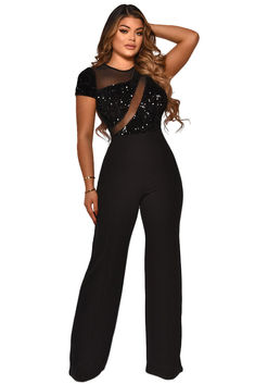 Fabric: 100% Nylon. soft. lightweight. breathable. and comfortable to wear.Feature: Short sleeves. sheer mesh patchwork. sequins. glitter. floor-length. long pants. one-piece jumpsuits. Jumpsuit Short Sleeve, Sheer Jumpsuit, High Waist Jumpsuit, Pants Romper, Jumpsuit Short, Pleated Jumpsuit, Bodycon Tops, Club Outfit, Short Sleeve Jumpsuits