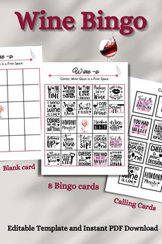 Get ready for a fabulous game night with our printable Wine Bingo! 🎉 This fun game comes with 8 unique bingo cards, a blank card for your own creations, calling cards, and tokens for endless entertainment. 

Perfect for wine lovers and a great way to enjoy time with friends! ❤️🍇

#winebingo #winegames #winetasting #wine #gamenight #becreative #fallfun #bestfriends #winery #foodanddrink #eventplanning #entertainment #gaming #winelovers Game With Friends, Wine Games, Pretty Wine, Bingo Sheets, Bingo Printable, Enjoy Time, Blank Card