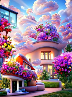 a painting of a house with flowers on the roof and in the background is a beautiful sunset