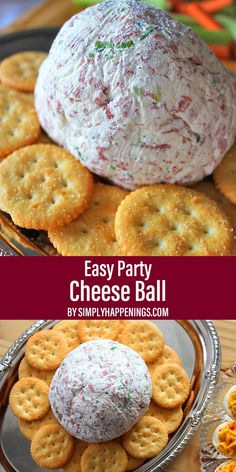 cheese ball and crackers on a plate with the words easy party cheese ball