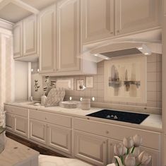 a large kitchen with white cabinets and marble counter tops is shown in this rendering image