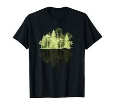 a black t - shirt with trees reflected in the water