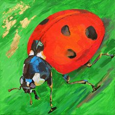 an acrylic painting of a ladybug on a green background