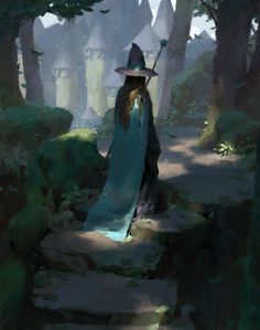 a painting of a wizard walking down a path in the woods with her staff and hat on