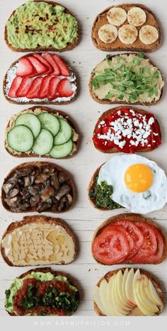 an assortment of sandwiches with different toppings on them, including tomatoes, cucumbers, avocado and egg