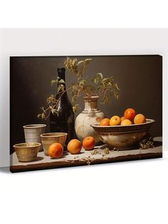 a painting of oranges and other fruit on a table next to a wine bottle