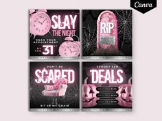 three flyers with pink and black themes for an upcoming fashion show, including a clock