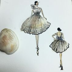 two drawings of women in dresses and seashells, one is wearing a dress