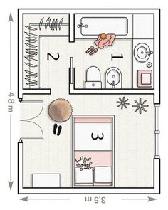 the floor plan for a small apartment with two beds and one bathroom, including a living room